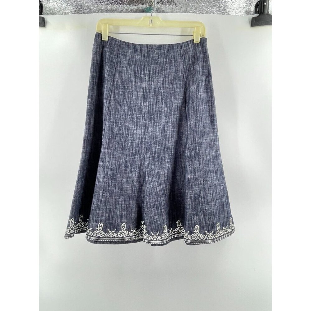OSCAR DE LA RENTA Gray Denim Look Skirt Embroidered Hem Ruffle A Line Size 4 - Picture 2 of 13